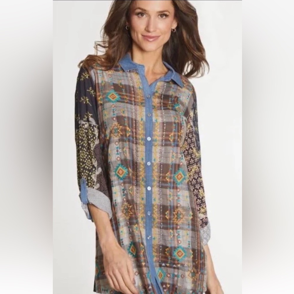 NWD John Mark Tunic  Shirt Size M Plaid Embroidered Western Southwestern Boho